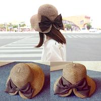 可折叠出口日本蝴蝶结混色编织渔夫帽草帽子夏季女出游沙滩帽