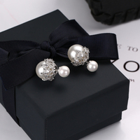 韩国简约锆石镂空蕾丝珍珠耳钉气质S925纯银女镶钻大小双面耳环