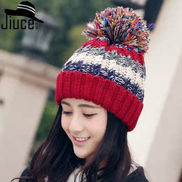 韩版混色毛线帽子女冬天甜美可爱针织帽加绒保暖双层加厚彩色带球