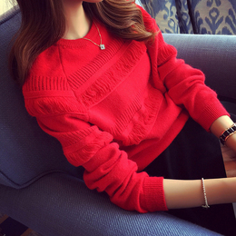 2016秋冬韩版学院风流苏红色毛衣女套头宽松学生长袖短款针织衫潮