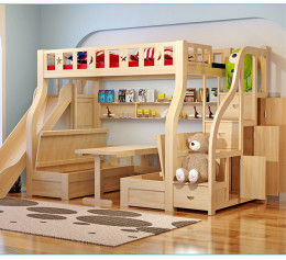 实木儿童箱体高低床双层梯柜床子母床上下铺带衣柜书桌滑梯组合床