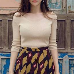春季新款2016韩版七分袖V领打底衫女士紧身修身针织衫套头上衣