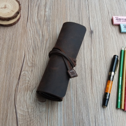 简约真皮笔袋韩版学生送礼卷笔帘创意大容量牛皮收纳袋钢笔保护套