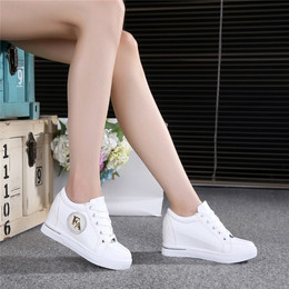 白色运动鞋女韩版隐形内增高休闲鞋透气厚底松糕女鞋系带坡跟单鞋