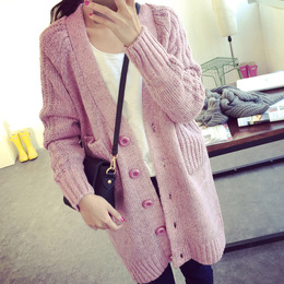 韩版秋冬季新款宽松长袖针织衫毛衣中长款开衫外套粉色原创女装潮